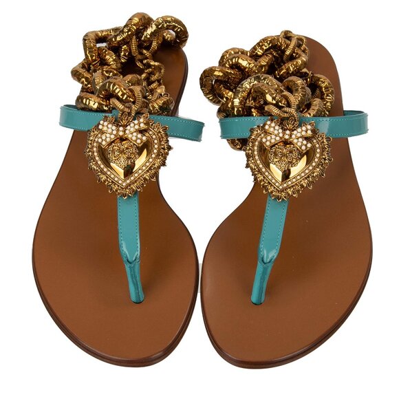 Dolce & Gabbana - DEVOTION Pearl Heart Leather Sandals INFRADITO Chain Blue Gold - Picture 2 of 5